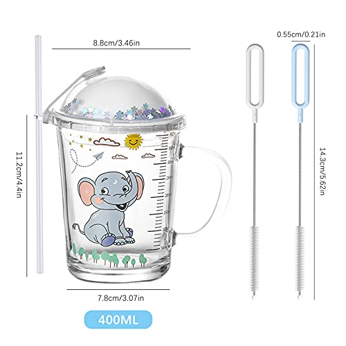 Heiqlay Taza de Leche Niños con Pajita, Tazas para Niños Medición, Vaso Leche con Tapa Niños, Jarro con Pajita, para café con leche, jugo, té helado, para microondas, 400ml, elefante