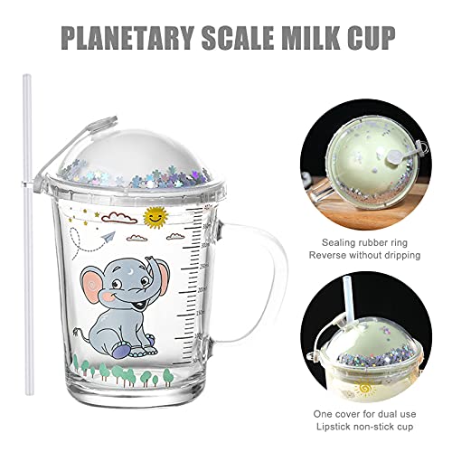 Heiqlay Taza de Leche Niños con Pajita, Tazas para Niños Medición, Vaso Leche con Tapa Niños, Jarro con Pajita, para café con leche, jugo, té helado, para microondas, 400ml, elefante