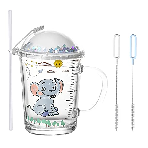 Heiqlay Taza de Leche Niños con Pajita, Tazas para Niños Medición, Vaso Leche con Tapa Niños, Jarro con Pajita, para café con leche, jugo, té helado, para microondas, 400ml, elefante