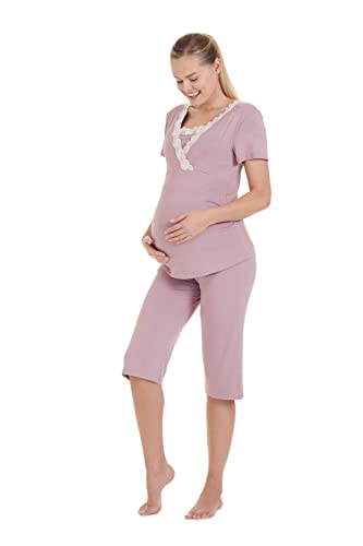 Herzmutter Pijama Corto para Embarazadas - Pijamas de enfermería - Pijama de Maternidad - Hospital Pijamas Premamá - Pijama de Lactancia- Encaje - Encaje - Azul-Rosa - 2500 (M, Rosa Viejo)