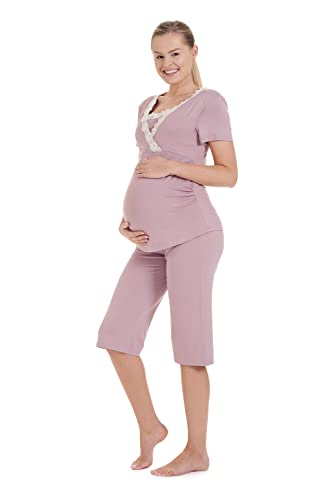 Herzmutter Pijama Corto para Embarazadas - Pijamas de enfermería - Pijama de Maternidad - Hospital Pijamas Premamá - Pijama de Lactancia- Encaje - Encaje - Azul-Rosa - 2500 (M, Rosa Viejo)