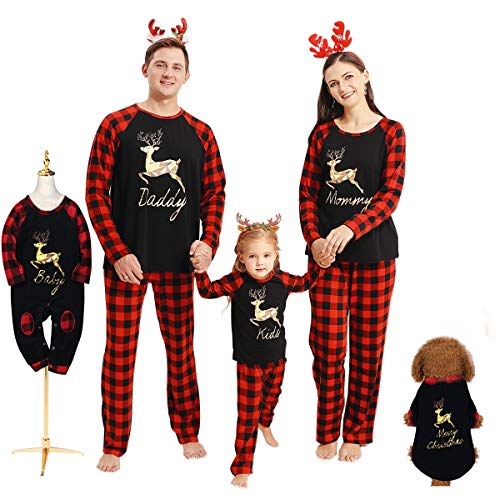 Hinzonek Navidad Familia Conjunto de Ropa a Juego Mascota Bebé Niño Hombres Mujeres Reno Cuadros Pijamas de Navidad Camisón Casual Homewear