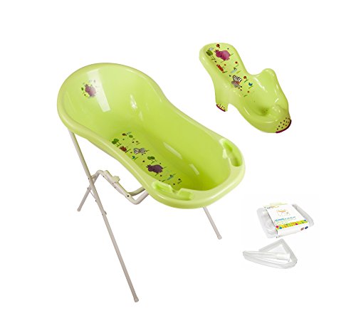 Hippo verde Baby bañera XXL 100 cm con Tapón + bañera Soporte + asiento de baño + Tubo de desagüe