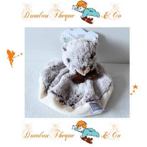 Histoire d'ours - Peluches et Doudous - Doudou plat Marmotte - Marron gris chiné et blanc - Collection : Studio - Peluche bébé 28 cm