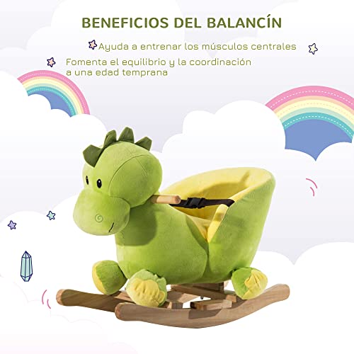 HOMCOM Balancín Infantil en Forma de Dinosaurio de Felpa para Bebés 18-36 Meses con Sonido Cinturón de Seguridad Manillar y Reposapiés 60x33x45 cm Verde