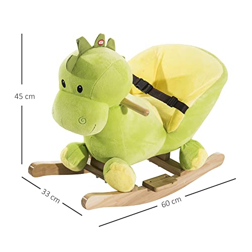 HOMCOM Balancín Infantil en Forma de Dinosaurio de Felpa para Bebés 18-36 Meses con Sonido Cinturón de Seguridad Manillar y Reposapiés 60x33x45 cm Verde