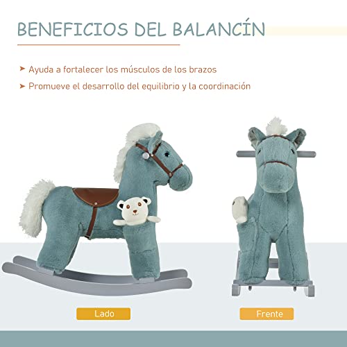 HOMCOM Caballito Balancín para Niños 18-36 Meses Caballo Mecedora Felpa con Osito de Peluche Sonidos de Relincho y Galope Base de Madera 65x26x55 cm Azul