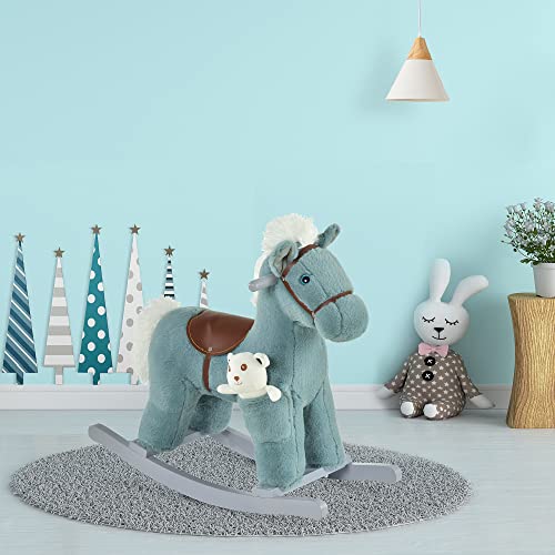 HOMCOM Caballito Balancín para Niños 18-36 Meses Caballo Mecedora Felpa con Osito de Peluche Sonidos de Relincho y Galope Base de Madera 65x26x55 cm Azul