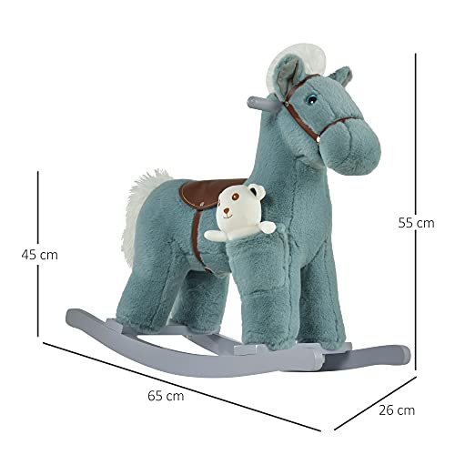 HOMCOM Caballito Balancín para Niños 18-36 Meses Caballo Mecedora Felpa con Osito de Peluche Sonidos de Relincho y Galope Base de Madera 65x26x55 cm Azul