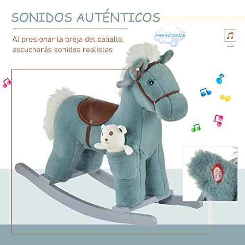 HOMCOM Caballito Balancín para Niños 18-36 Meses Caballo Mecedora Felpa con Osito de Peluche Sonidos de Relincho y Galope Base de Madera 65x26x55 cm Azul