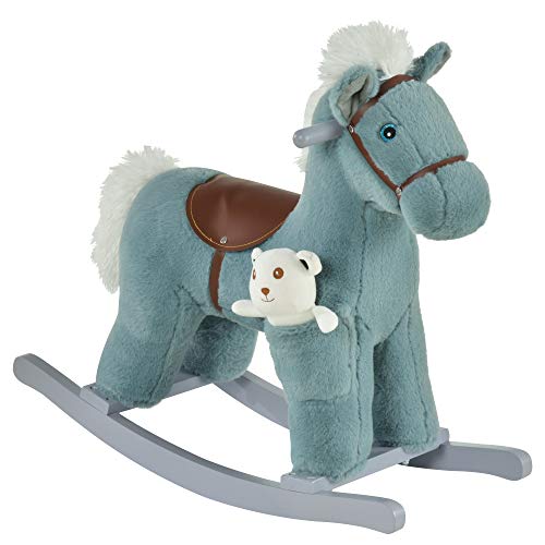 HOMCOM Caballito Balancín para Niños 18-36 Meses Caballo Mecedora Felpa con Osito de Peluche Sonidos de Relincho y Galope Base de Madera 65x26x55 cm Azul