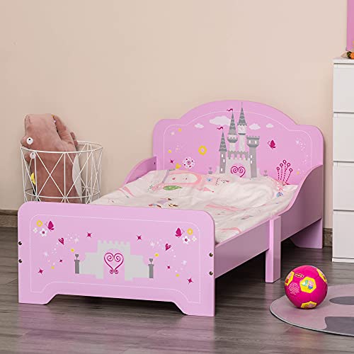 HOMCOM Cama Infantil para +3 Años 143x73x60 cm Cama para Niños de Madera con Barreras de Protección Carga Máx. 50 kg Rosa