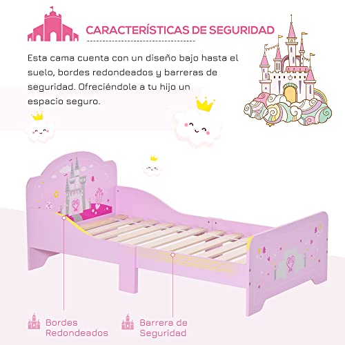 HOMCOM Cama Infantil para +3 Años 143x73x60 cm Cama para Niños de Madera con Barreras de Protección Carga Máx. 50 kg Rosa