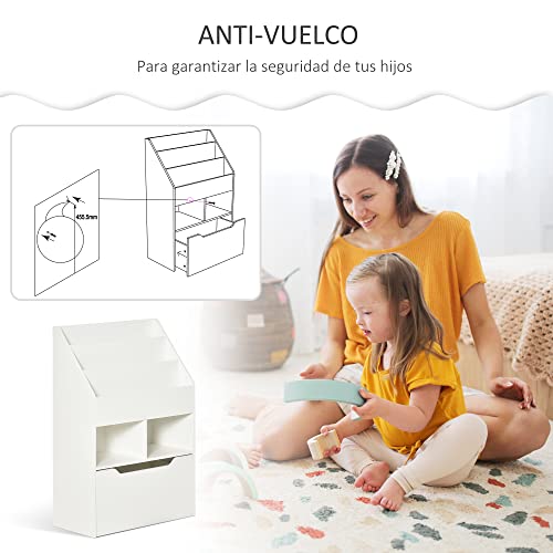 HOMCOM Estantería Infantil de Madera con 3 Compartimentos 2 Cubos y Cajón Móvil con 4 Ruedas Librería Infantil para Habitación de Niños Sala de Juegos 60x29,9x90 cm Blanco