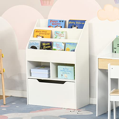 HOMCOM Estantería Infantil de Madera con 3 Compartimentos 2 Cubos y Cajón Móvil con 4 Ruedas Librería Infantil para Habitación de Niños Sala de Juegos 60x29,9x90 cm Blanco