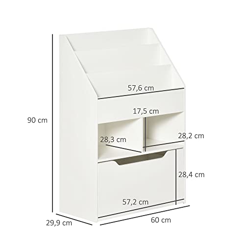 HOMCOM Estantería Infantil de Madera con 3 Compartimentos 2 Cubos y Cajón Móvil con 4 Ruedas Librería Infantil para Habitación de Niños Sala de Juegos 60x29,9x90 cm Blanco