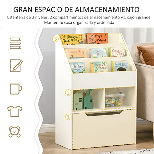 HOMCOM Estantería Infantil de Madera con 3 Compartimentos 2 Cubos y Cajón Móvil con 4 Ruedas Librería Infantil para Habitación de Niños Sala de Juegos 60x29,9x90 cm Blanco