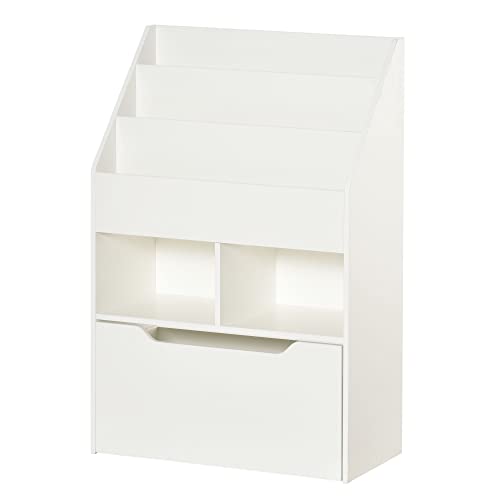 HOMCOM Estantería Infantil de Madera con 3 Compartimentos 2 Cubos y Cajón Móvil con 4 Ruedas Librería Infantil para Habitación de Niños Sala de Juegos 60x29,9x90 cm Blanco