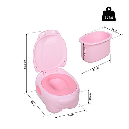 HOMCOM Orinal para Bebés en Forma de Hipopótamo 2 en 1 con Tapa Cubo Extraíble y Cepillo Inodoro para Aprender Entrenamiento Carga 25 kg 40x30x23 cm Rosa