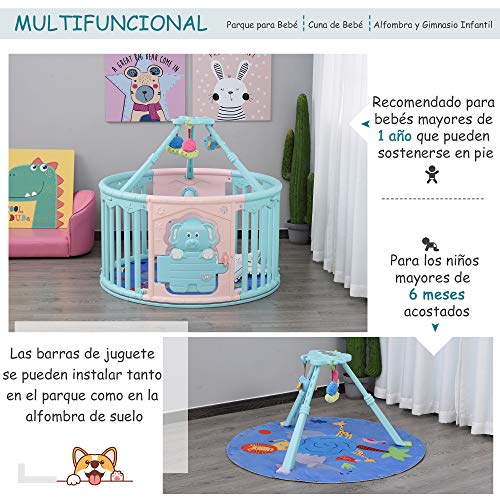 HOMCOM Parque Infantil Redondo Corralito de Seguridad para Bebé Cuna con Alfombra de Suelo Juguetes Divertidos Doble Cerradura Altura 65,5 cm Rosa y Azul