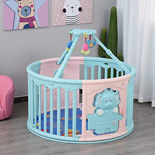 HOMCOM Parque Infantil Redondo Corralito de Seguridad para Bebé Cuna con Alfombra de Suelo Juguetes Divertidos Doble Cerradura Altura 65,5 cm Rosa y Azul