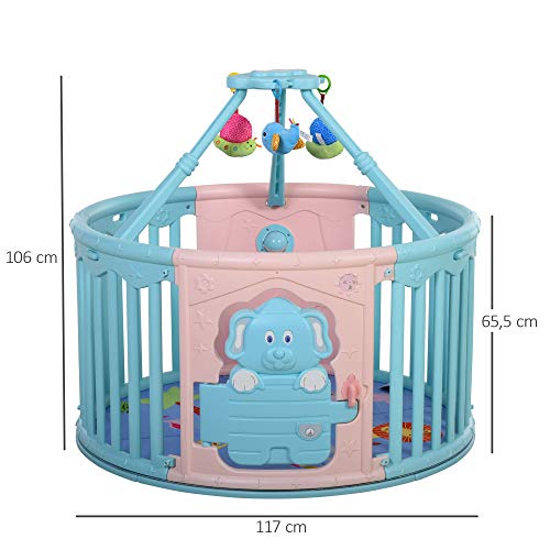 HOMCOM Parque Infantil Redondo Corralito de Seguridad para Bebé Cuna con Alfombra de Suelo Juguetes Divertidos Doble Cerradura Altura 65,5 cm Rosa y Azul