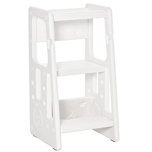 HOMCOM Torre de Aprendizaje para Niños Taburete Infantil con Altura Ajustable en 3 Posiciones y Plataforma Antideslizante para Cocina Comedor Baño 47x47x90 cm Blanco