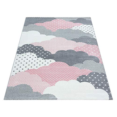 HomebyHome Alfombra Infantil Diseño de Nubes Habitación Infantil para bebé Gris Rosa rectángulo Redonda, tamaño:80x150 cm, Color:Rosa