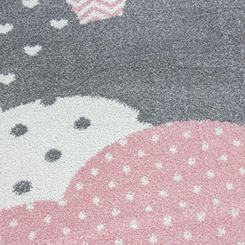 HomebyHome Alfombra Infantil Diseño de Nubes Habitación Infantil para bebé Gris Rosa rectángulo Redonda, tamaño:80x150 cm, Color:Rosa