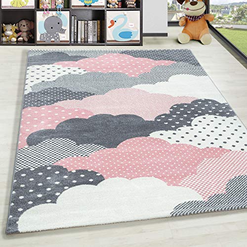 HomebyHome Alfombra Infantil Diseño de Nubes Habitación Infantil para bebé Gris Rosa rectángulo Redonda, tamaño:80x150 cm, Color:Rosa