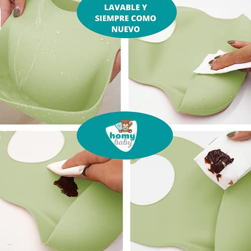 HOMYBABY® Babero silicona bebe | Baberos impermeables bebe ajustable y resistente | Babero bebe recien nacido con bolsillo para comida | Diseño moderno unisex | Fácil de limpiar, seguro,ligero [GREEN]