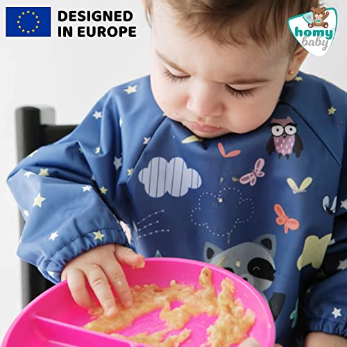 HOMYBABY® Baberos bebe impermeables de PUL laminado suave, transpirable y resistente - Babero con mangas Baby Led Weaning - Baberos BLW ajustable - Baby infantil plastificado con mangas, 6 a 36 meses