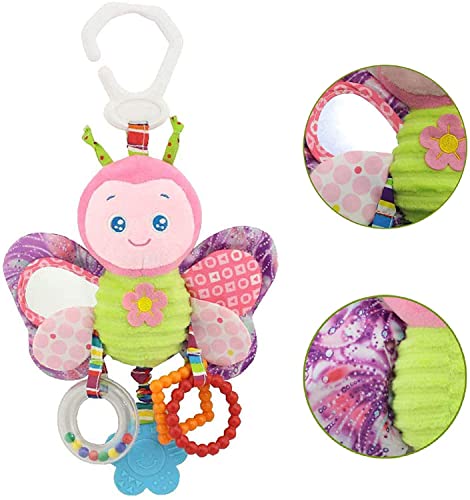 HONLONE Juguete de Mordedor Peluche Bebé 0,3,6 a 12 Meses para Cochecito Juguete de Dentición y Actividad para Bebés con Peluche para Bebé, Recién Nacidos con Campanilla (Mariposa)