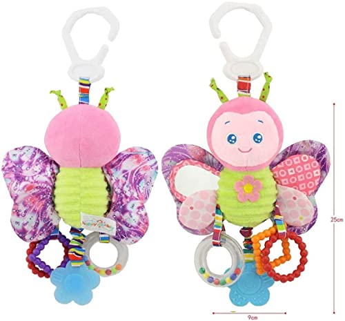 HONLONE Juguete de Mordedor Peluche Bebé 0,3,6 a 12 Meses para Cochecito Juguete de Dentición y Actividad para Bebés con Peluche para Bebé, Recién Nacidos con Campanilla (Mariposa)