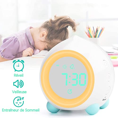 Ibello Despertador Infantil Digital Luz Nocturna Infantil Entrenamiento del sueño con 2 alarmas, 6 Tonos, 5 Volúmenes de Voces, Regalo Ideal para Navidad, el día de los Reyes Magos Blanco