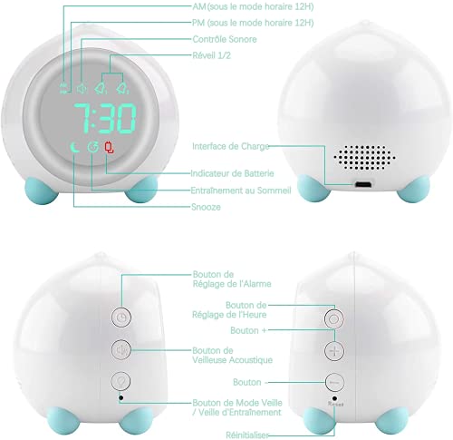 Ibello Despertador Infantil Digital Luz Nocturna Infantil Entrenamiento del sueño con 2 alarmas, 6 Tonos, 5 Volúmenes de Voces, Regalo Ideal para Navidad, el día de los Reyes Magos Blanco