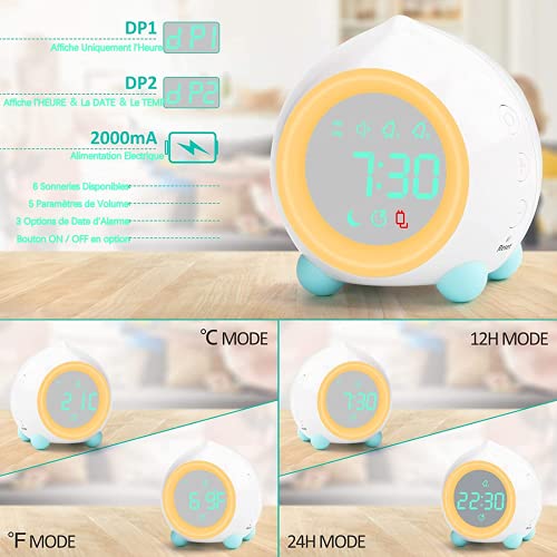 Ibello Despertador Infantil Digital Luz Nocturna Infantil Entrenamiento del sueño con 2 alarmas, 6 Tonos, 5 Volúmenes de Voces, Regalo Ideal para Navidad, el día de los Reyes Magos Blanco