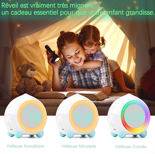 Ibello Despertador Infantil Digital Luz Nocturna Infantil Entrenamiento del sueño con 2 alarmas, 6 Tonos, 5 Volúmenes de Voces, Regalo Ideal para Navidad, el día de los Reyes Magos Blanco