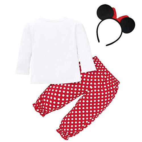 IMEKIS Conjunto de 3 piezas de ropa para bebé con camiseta de manga larga y pantalón de lunares y diadema de ratón, diseño de Minnie Mouse, Rojo 2, 18-24 Meses