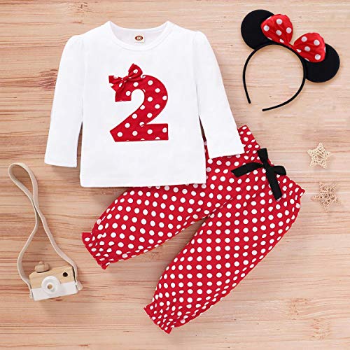 IMEKIS Conjunto de 3 piezas de ropa para bebé con camiseta de manga larga y pantalón de lunares y diadema de ratón, diseño de Minnie Mouse, Rojo 2, 18-24 Meses