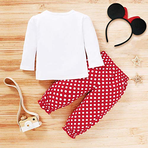 IMEKIS Conjunto de 3 piezas de ropa para bebé con camiseta de manga larga y pantalón de lunares y diadema de ratón, diseño de Minnie Mouse, Rojo 2, 18-24 Meses