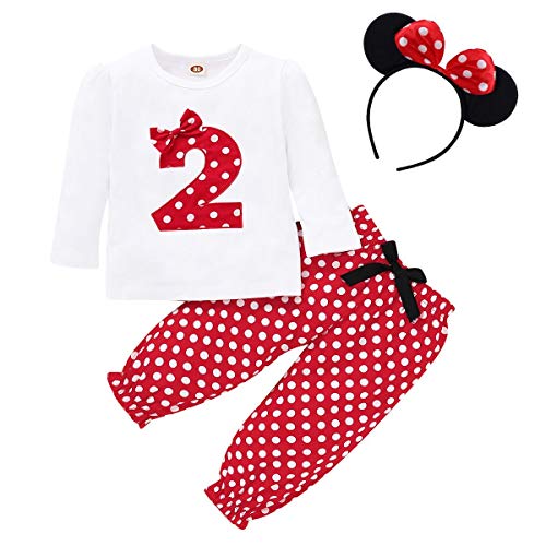 IMEKIS Conjunto de 3 piezas de ropa para bebé con camiseta de manga larga y pantalón de lunares y diadema de ratón, diseño de Minnie Mouse, Rojo 2, 18-24 Meses