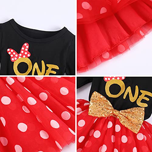 Infantil Niña Bebita Mi 1er Primer Cumpleaños Disfraz de Minnie Mouse Manga Larga de Algodón Lunares Vestido de Tul Princesa Tutú Ropa de Sesión de Fotos de Fiesta de Un Año Negro + Rojo