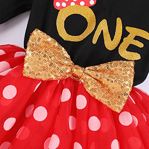 Infantil Niña Bebita Mi 1er Primer Cumpleaños Disfraz de Minnie Mouse Manga Larga de Algodón Lunares Vestido de Tul Princesa Tutú Ropa de Sesión de Fotos de Fiesta de Un Año Negro + Rojo