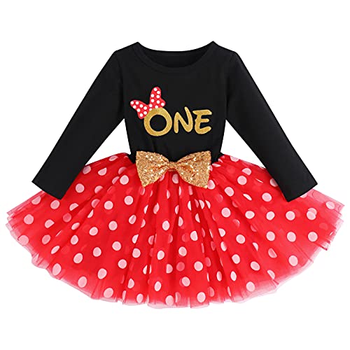 Infantil Niña Bebita Mi 1er Primer Cumpleaños Disfraz de Minnie Mouse Manga Larga de Algodón Lunares Vestido de Tul Princesa Tutú Ropa de Sesión de Fotos de Fiesta de Un Año Negro + Rojo