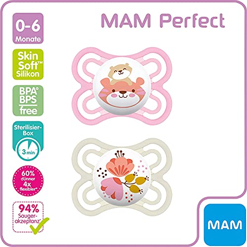 Instrucciones en lengua extranjera - MAM Perfect - Juego de 2 chupetes, luminosos y con caja para chupete, 0 - 6 Meses, Instrucciones en lengua extranjera