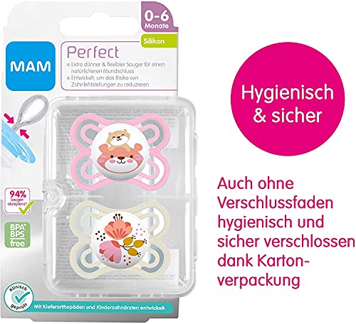 Instrucciones en lengua extranjera - MAM Perfect - Juego de 2 chupetes, luminosos y con caja para chupete, 0 - 6 Meses, Instrucciones en lengua extranjera