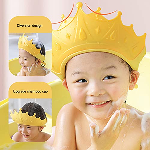 ISAKEN Gorro de Ducha para Bebé, Gorro de champú Visera Ajustable para Baño, Protege Los ojos y las orejas para Niños, Lindo Gorro de Baño con Corona (Amarillo)