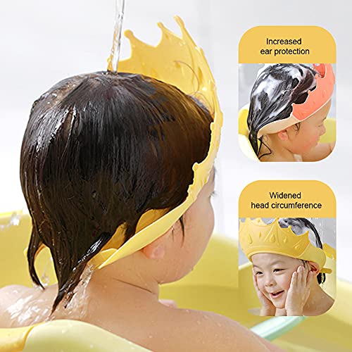 ISAKEN Gorro de Ducha para Bebé, Gorro de champú Visera Ajustable para Baño, Protege Los ojos y las orejas para Niños, Lindo Gorro de Baño con Corona (Amarillo)