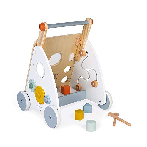 Janod - Carro Multiactividad Sweet Cocoon - Carro de Madera para aprender a caminar - 9 Actividades - Ruedas Silenciosas, Pintura al Agua - Juguete Infantil Adaptable desde los 12 meses, J04410